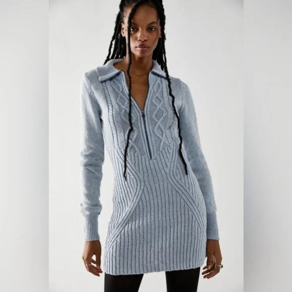 NWT Free People Mont Blanc Mini Dress Vintage Blue Size Small Sweater Cable Knit - Picture 1 of 8